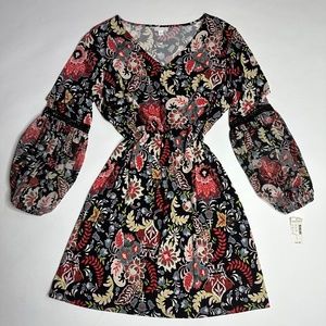 NWT Floral Hippie Strech Midi Longsleeved Dress -black red, lace puffer sleeve L